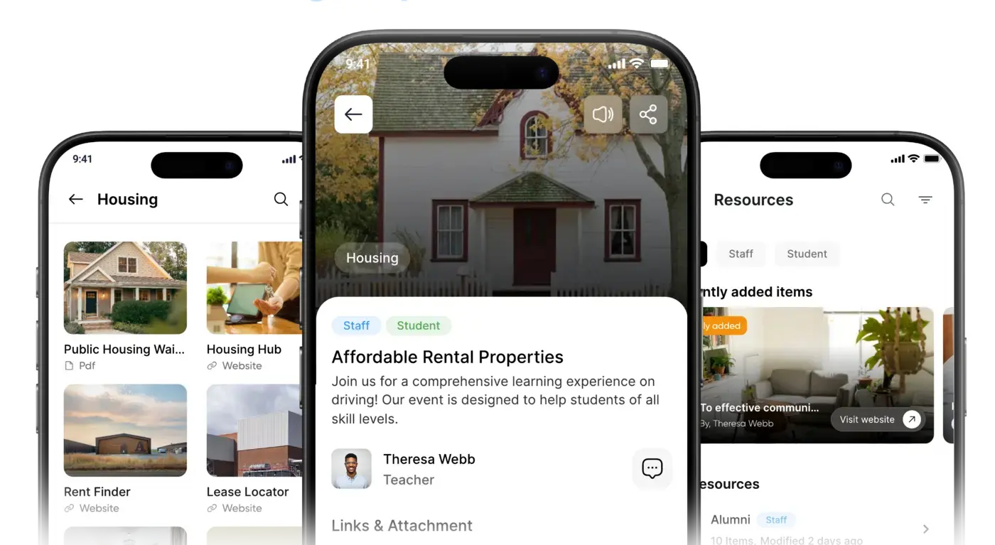 Highlands Brain app screens showing the Resources section and a housing assistance listing
